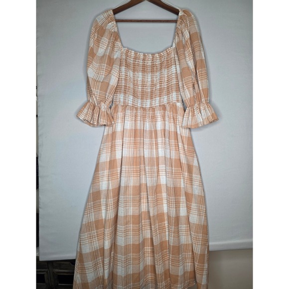 AURA Plaid Midi Dress Women Medium Orange White Smocked Puff Sleeve prairie - Picture 3 of 8